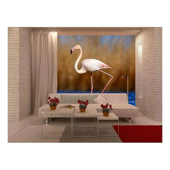 wall26 - Greater Flamingo, Phoenicopterus Ruber, Pink Big Beautiful Bird in Dark Blue Water - Removable Wall Mural | Self-Adhesive Large Wallpaper - 66x96 inches