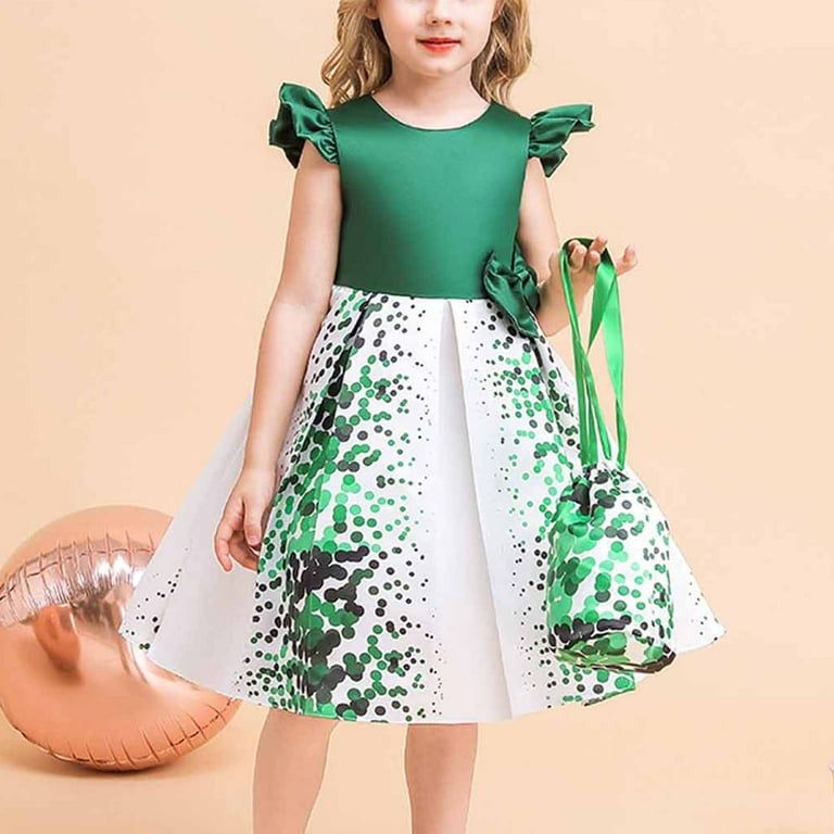 Odeerbi Princess Dresses For Girls Formal Dress St. Patrick's Day Baby Dress Polka Dot Satin Dress Ruffle Sleeve Skirt With Bag Set Green