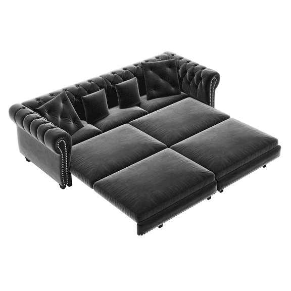 TICOZE 89" Grey Velvet Chesterfield Sofa Bed, 3-in-1 Convertible Sleeper Sofa with Movable Ottoman, King Size Pull Out Tufted Chaise Lounge for Small Spaces