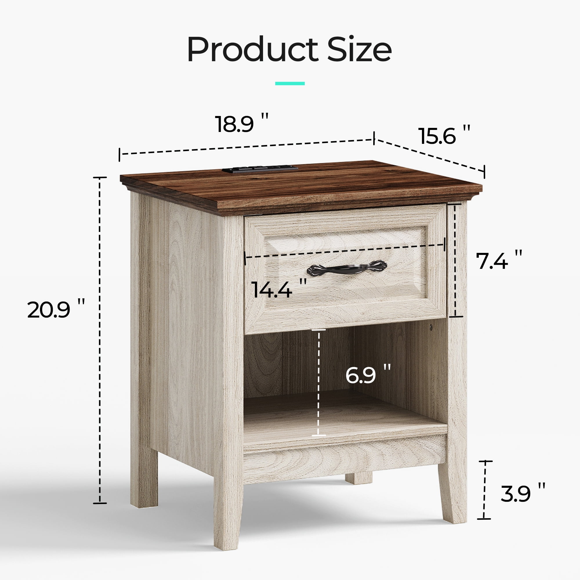 Linsy Home Nightstand for Bedroom set of 2 with Charging Station, Farmhouse End Tables for Living Room set of 2 with Drawer, Beige