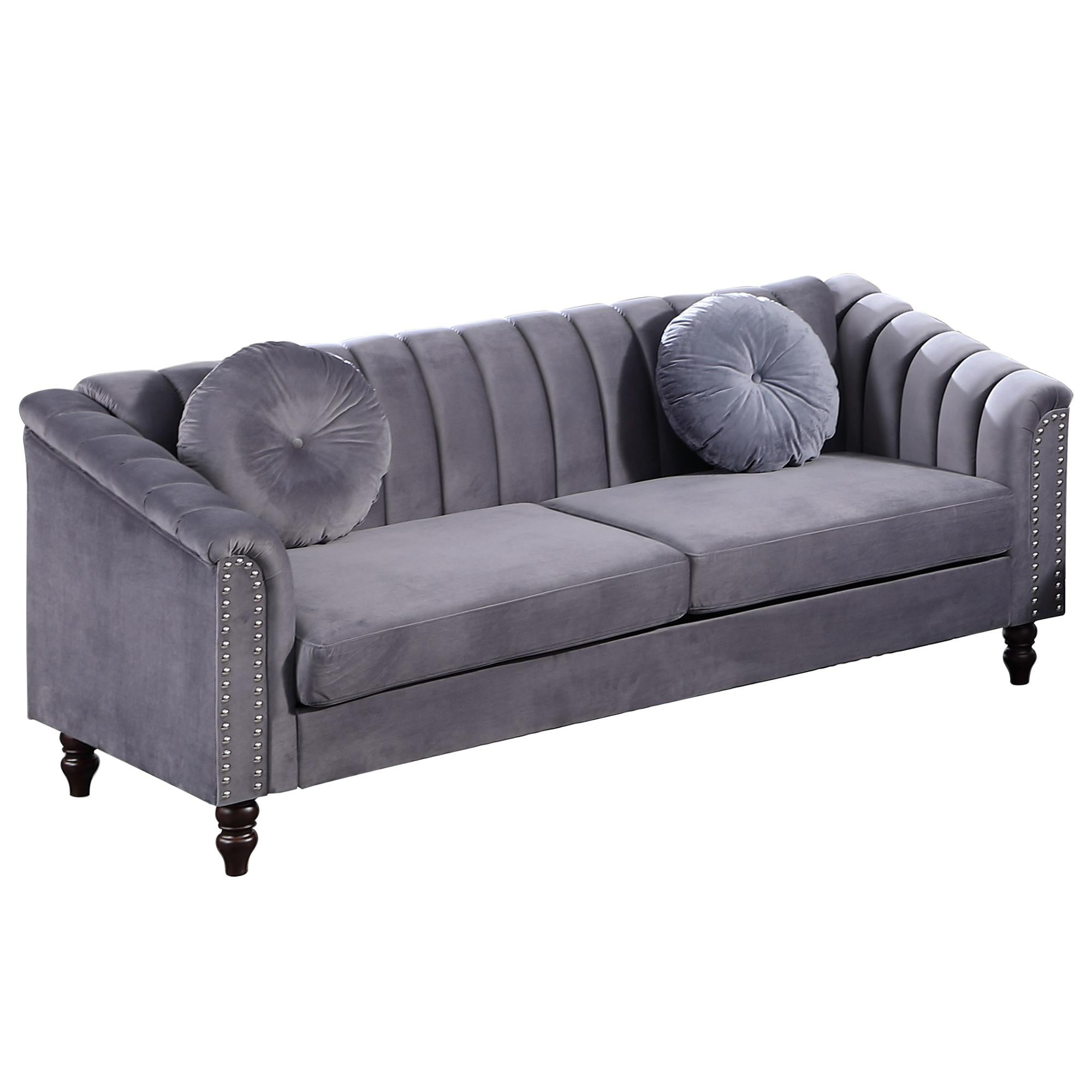 Gewnee Chesterfield Velvet Sofa Couch with Nailhead Trim and 2 Pillows for Living Room,Gray