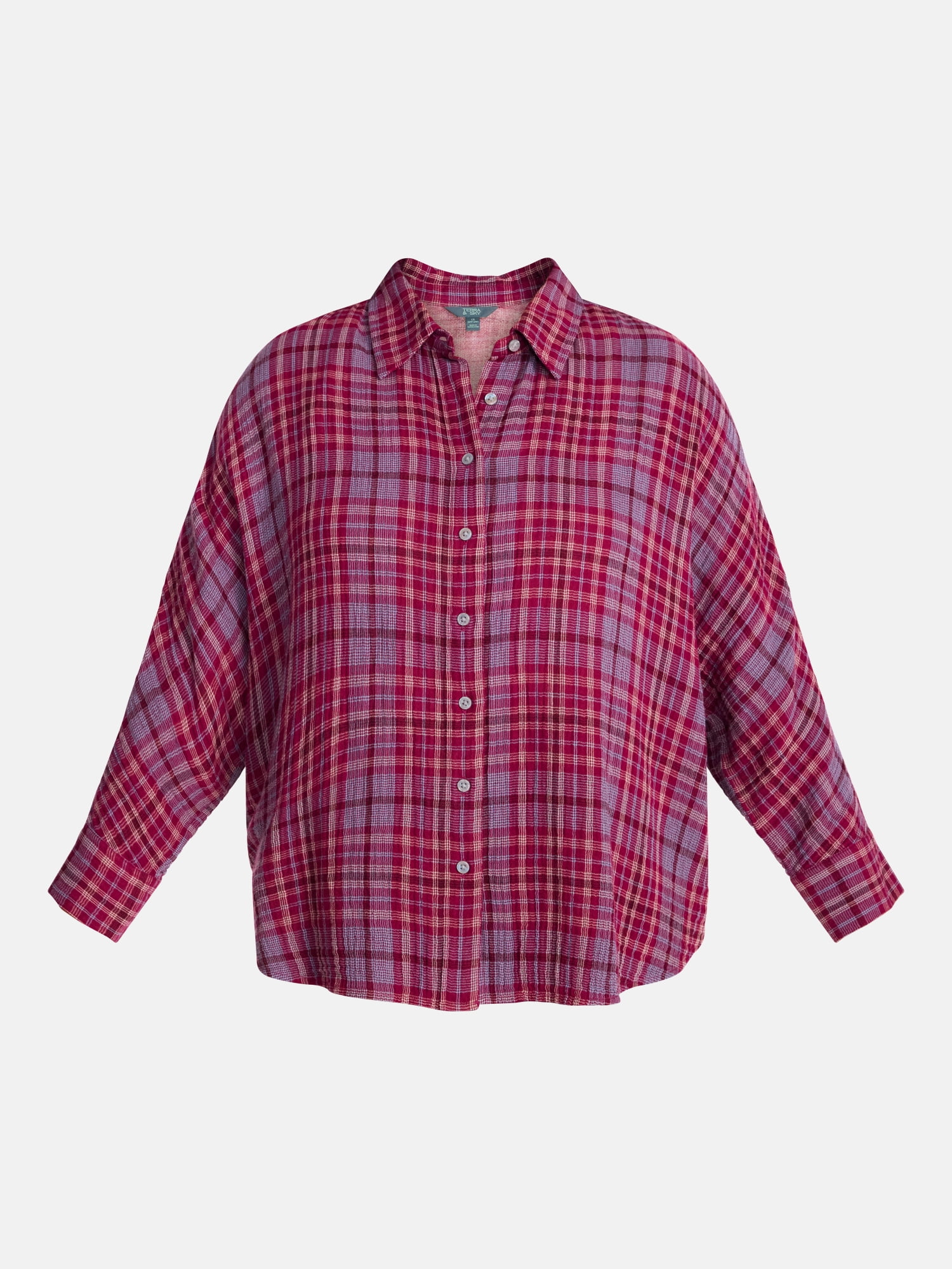 Terra & Sky Women's Plus Button Front Woven Shirt with Long Sleeves, Sizes 0X- 5X