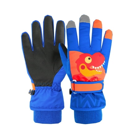 

ZHUASHUM Children Ski Gloves Boys Winter Style Plush Thick Warm Waterproof Little Dinosaur Cartoon Bike
