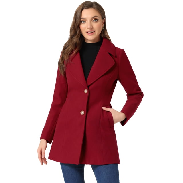 Abrigo De Botones Con Cuello Chal Con Muescas Para Mujer Abrigo De Invierno Largo De Un Solo Pecho Con Bolsillos Rojo M