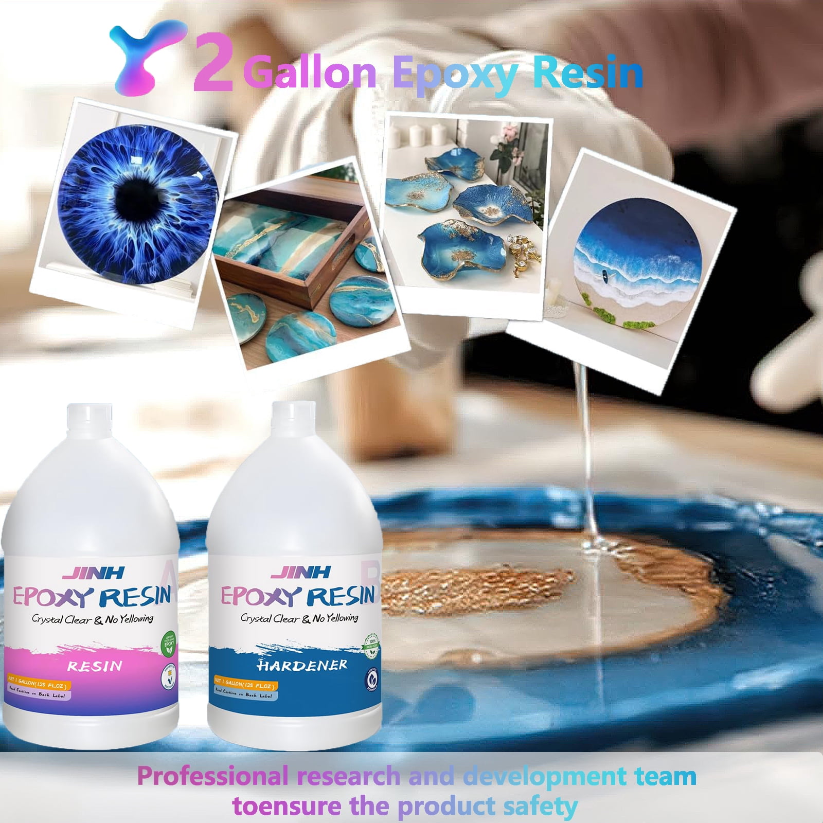 JINH Epoxy Resin 2 Gallon, Upgraded Crystal Clear Epoxy Kit UV Resistant No Bubble Self Leveling, 1 Gallon Resin and 1 Gallon Hardener Kit for DIY Art, Jewelry, Resin Art, Molds, Countertops