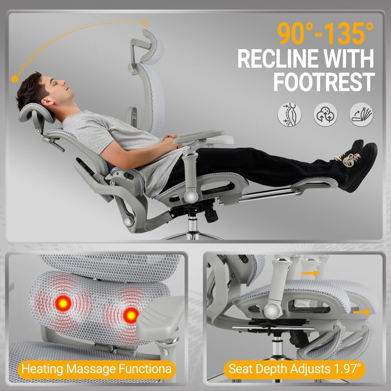 Lacoo Ergonomic Office Mesh Chair Executive High Back Computer Chair with Heated Massage Lumbar Support, 6D Armrest,Adjustable Headrest (Gray)