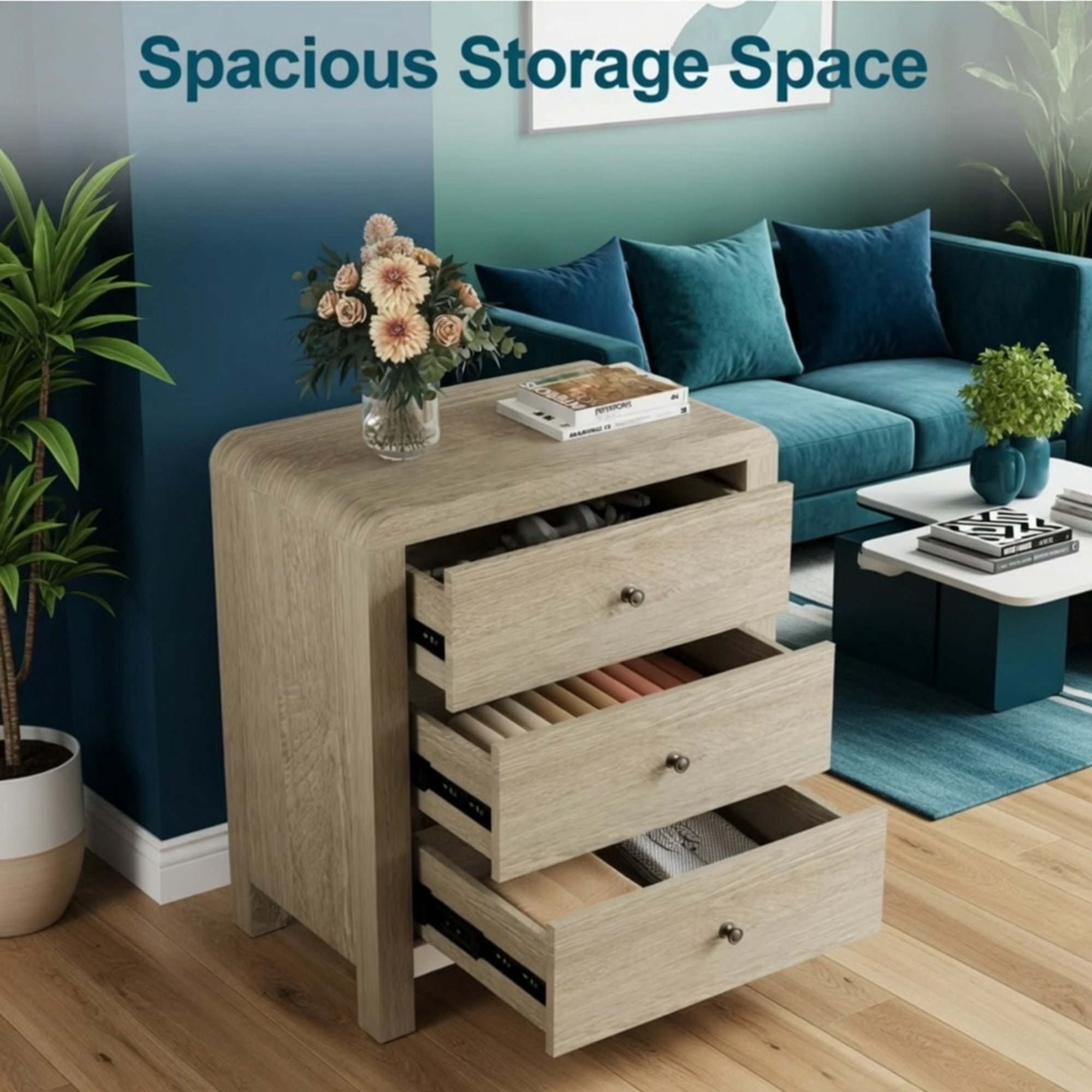 23.6" Width Natural Wood 3 Drawer Chest of Drawers - Modern Rounded Corner Design