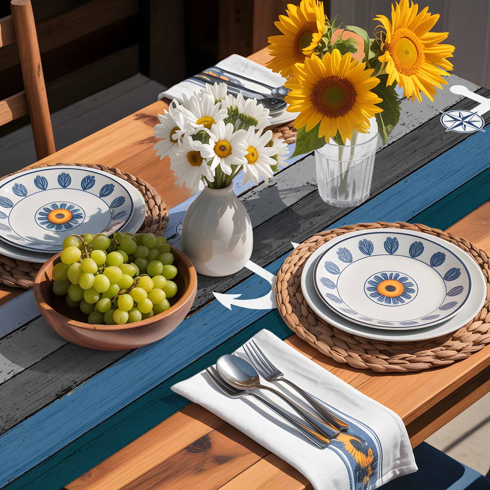 Nautical Anchor Ocean Theme Table Runner 90 Inches Long, Farm Blue Wood Board Table Runners Tabletop Scarf Kitchen Dining Tables Decoration for Home Party Indoor Outdoor