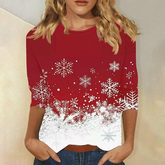 VKOYWKM Women's Fall Tops Christmas Shirts Christmas Snowflake Graphic Tees 3/4 Sleeve Tops Holiday Crew Neck Loose Fit Merry Xmas Tunic Top