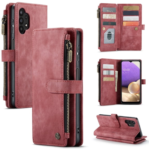Samsung Galaxy A32 5G Case, Magnetic Wallet Case Premium Durable PU Leather Zipper Pocket Card Holder Kickstand Phone Cover for Galaxy A32 5G,Red