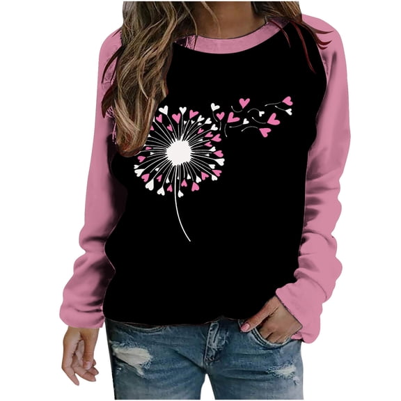 VALMASS Plus Size Valentine's Day Raglan Sleeve Sweatshirts Floral Print Cozy Tops Casual Crewneck Tunic Sweatshirts (S, Pink)