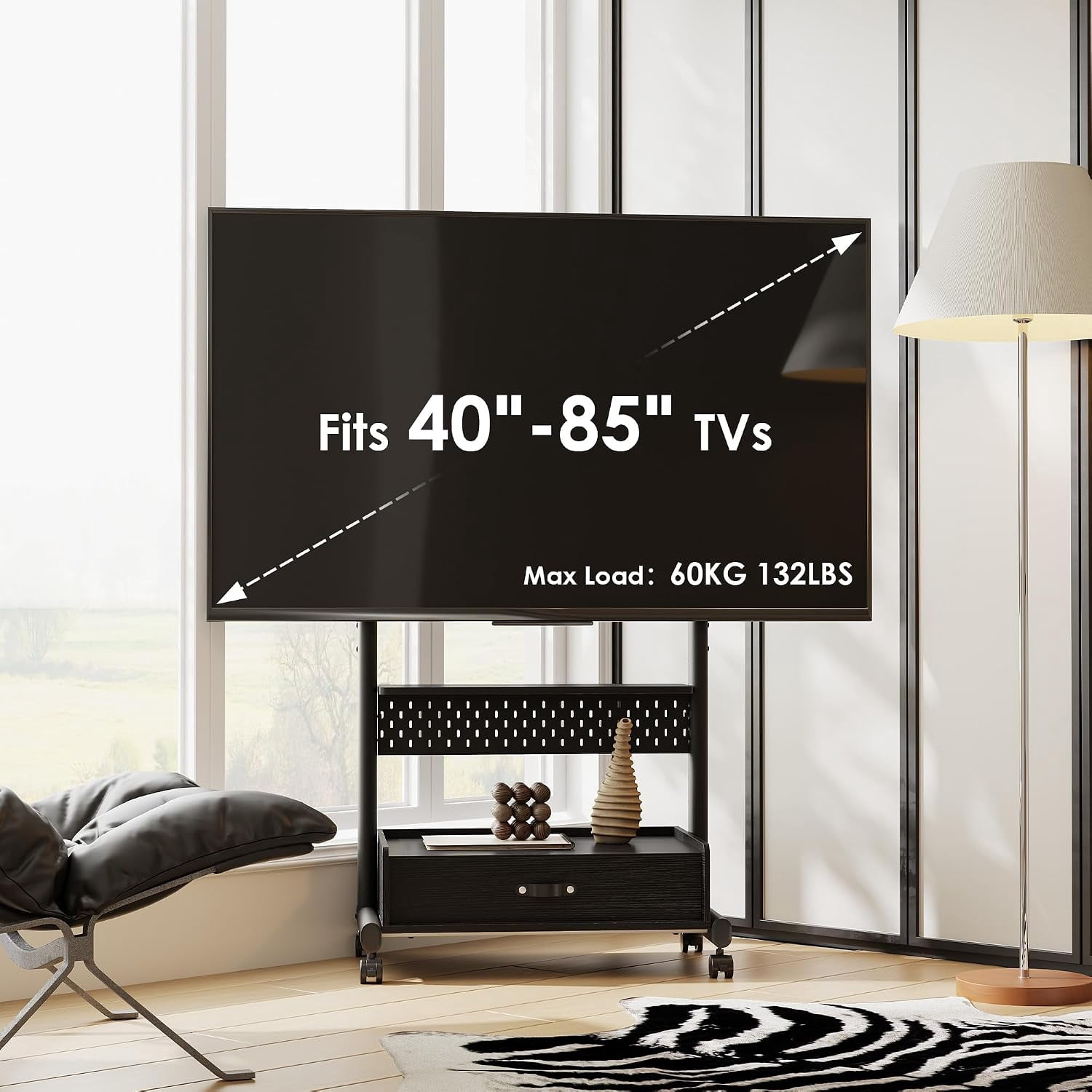 FITUEYES Rolling TV Stand for 40–85 Inch TVs, Black, Drawers & Pegboard, Storage Shelf