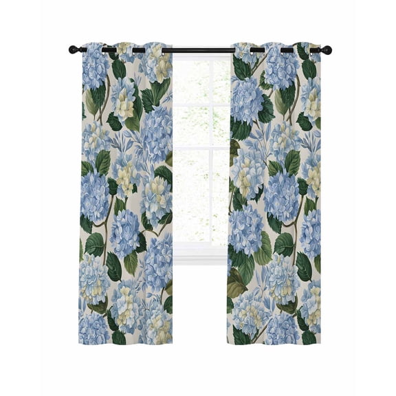Blue Hydrangea Blackout Curtains for Bedroom Living Room, Floral Country Farmhouse Watercolor 63 In Long Thermal Insulated Room Darkening Drapes Grommet Window Treatments, 52 x 63 In
