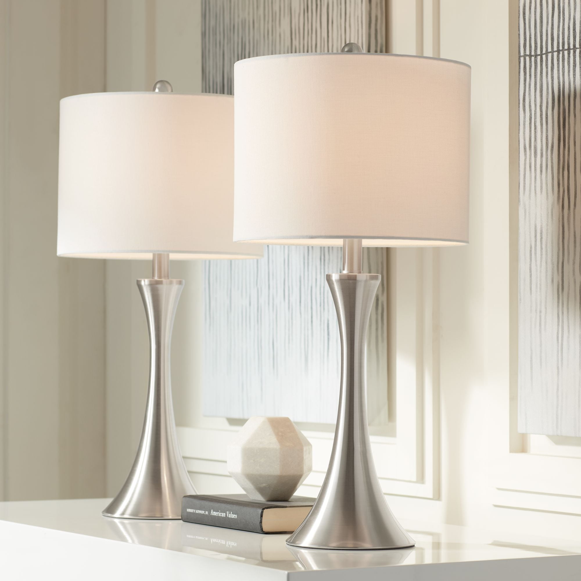 360 Lighting Gerson Modern Table Lamps 24 High Set Of 2 Brushed Nickel With Dimmers Led White