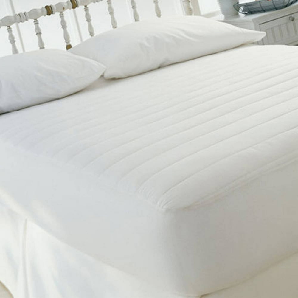 "Fitted Mattress Pad 15 Skirt, Cotton Cover, Polyester Fill, All Bed