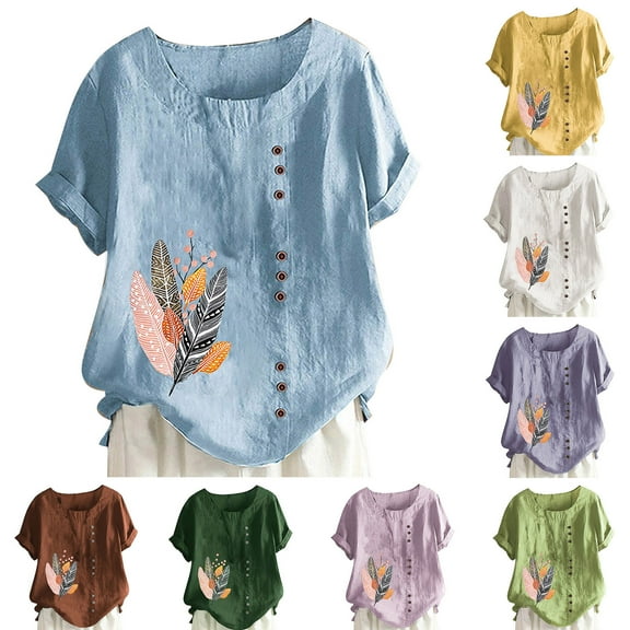 Fesfesfes Women Workout Tops Women's Summer Casual Round Neck Short Sleeve Flower Printing Loose Shirt TopsDMM-Y4448 T Shirt for Women S(US:4)