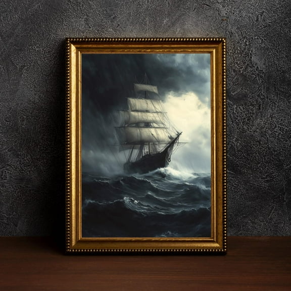 Oil Paint Stormy Sea Ship,Coastal & Ocean Aesthetic Dark Academia Decor,Moody Nautical Wall Art,Vintage Seascape,Maritime Art,Moody Ocean, 24x36 UNFRAMED