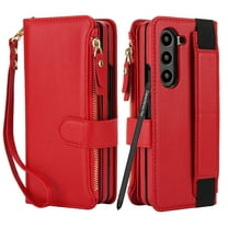 Dteck for Samsung Galaxy Z Fold 4 Wallet Case with Card Holder Zipper Pocket, Built-in S Pen Holder/Stylus/Wrist Strap/Kickstand, Soft PU Leather Protective Cover for Z Fold4,Red