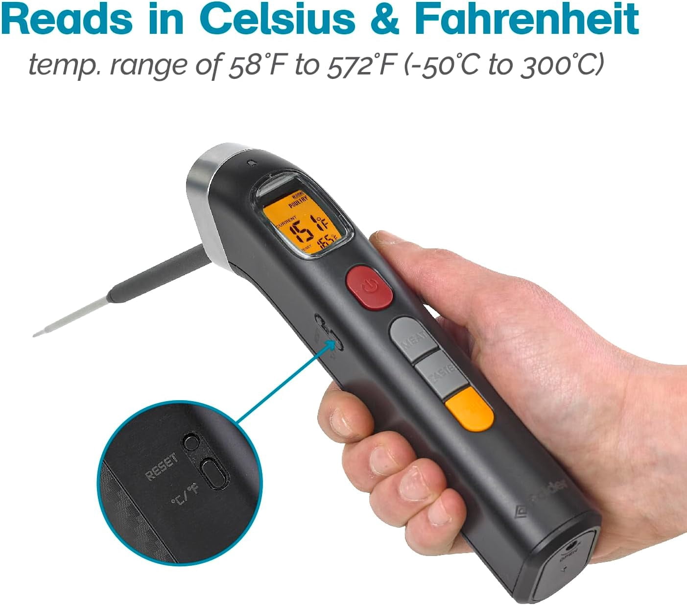 Polder Grill Partner Instant Read Thermometer for Grilling with Foldable 10" Probe, 10 Preset Temperatures and Built-in Torch Light