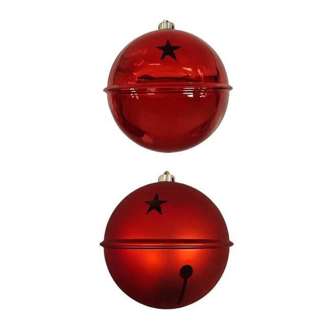esfera navideña holiday time para árbol de 200 mm 2 piezas rojo Esferas rojas Holiday Time de 200 mm, par de adornos irrompibles con acabado brillante, cierre metálico superior y estrella recortada en la cara; vista frontal centrada sobre fondo blanco, también usadas con frecuencia como adorno de centro de mesa.
