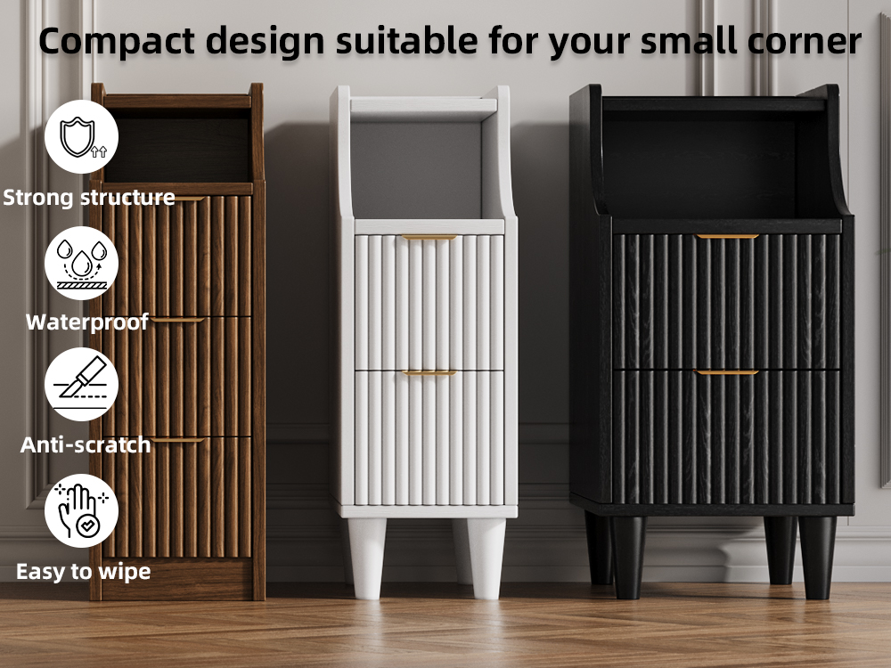 UGTOO Walnut Nightstand Pair – Slim 3-Drawer Bedside Tables with Open Compartment, Gold Accents (15.7"W x 23.6"H)