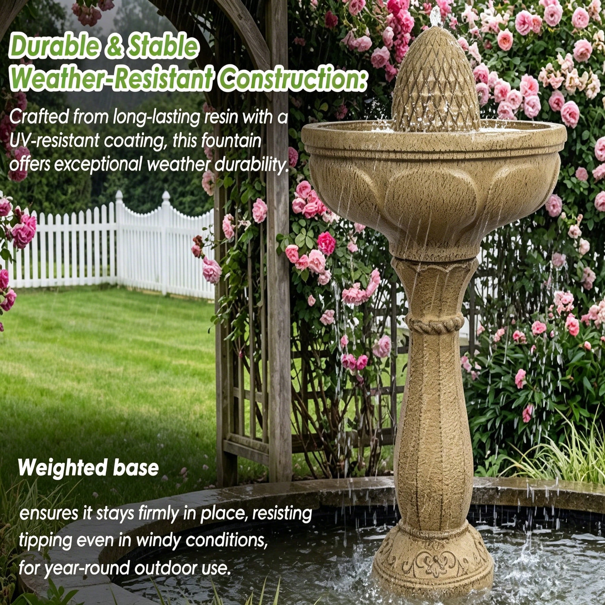 33.3 Inch Classic Pineapple Top Pedestal Water Fountain, 2 Tier Resin Waterfall Feature, Auto Shutoff Protection, Stable Anti-Splash Water Flow for Yard Lawn Patio Garden Decor