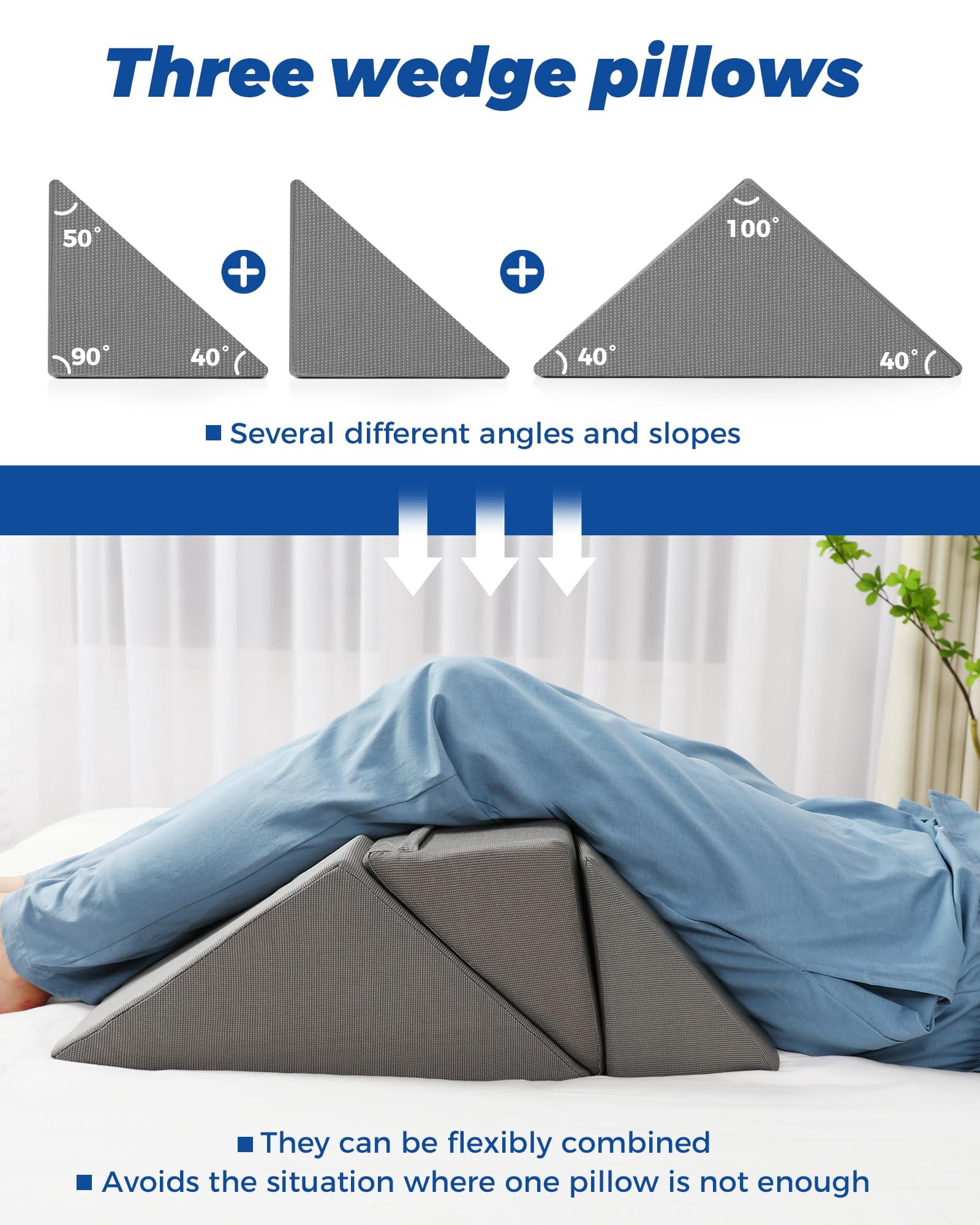 Positioning Wedge Pillow For Side Sleeping (3 In 1)  40 Degree Triangle Bed Wedges & Body Positioners Preventing After Knees Elevated Grey