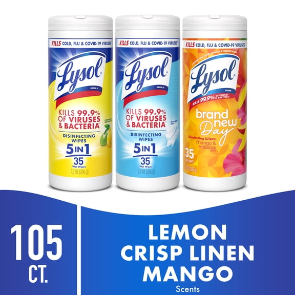 Lysol Disinfecting Wipes, All Purpose Cleaner, Multi Surface Antibacterial Cleaning Wipes, Cleaning Supplies, Lemon   Mango & Hibiscus   Crisp Linen Scent, 35 Count Each (Pack of 3)