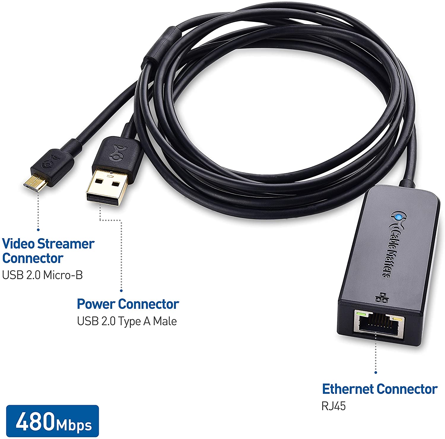 Cable Matters Micro USB to Ethernet Adapter Up to 480Mbps for Streaming Sticks Including Chromecast, Google Home Mini and More - Not Compatible with Roku Device - image 3 of 7