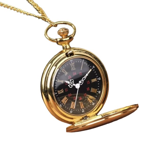 reloj de bolsillo dorado liso elegante analogo con cadena genérico reloj de bolsillo dorado vista 3/4 frontal con tapa abierta, esfera negra con números romanos dorados y marcadores 24 h en rojo, manecillas ornamentadas blancas, corona superior y cadena dorada; movimiento de cuarzo y adecuado como regalo vintage para cumpleaños o bodas.