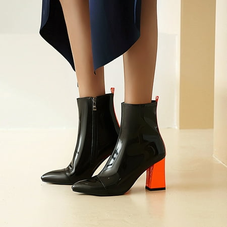 

Tejiojio Clearance Women s Oversized Colorblock Patent Leather Boots with Block Heel Zipper Booties
