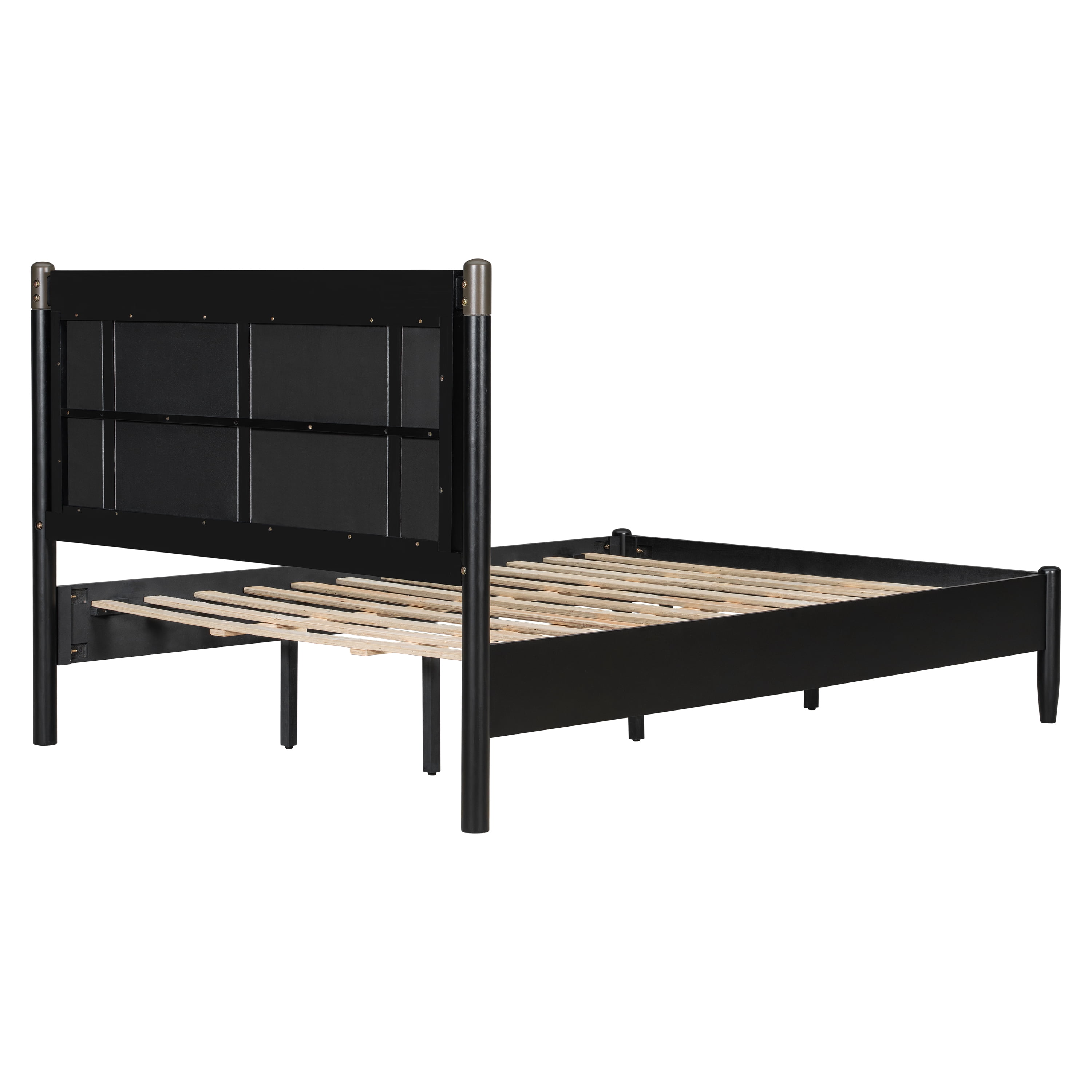 Queen Bed Frame 81 Inch, Solid Wood Platform Bed with Upholstered Headboard and Metal Handles, Heavy Duty Bed Frame with 500 lbs Support, Black
