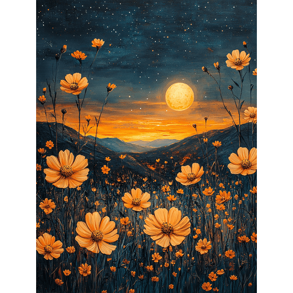 UXIEQU 12x16 Inch 2D Flat Moonlit Meadow Wall Art Orange Wildflowers Starry Night Rustic Home Decor