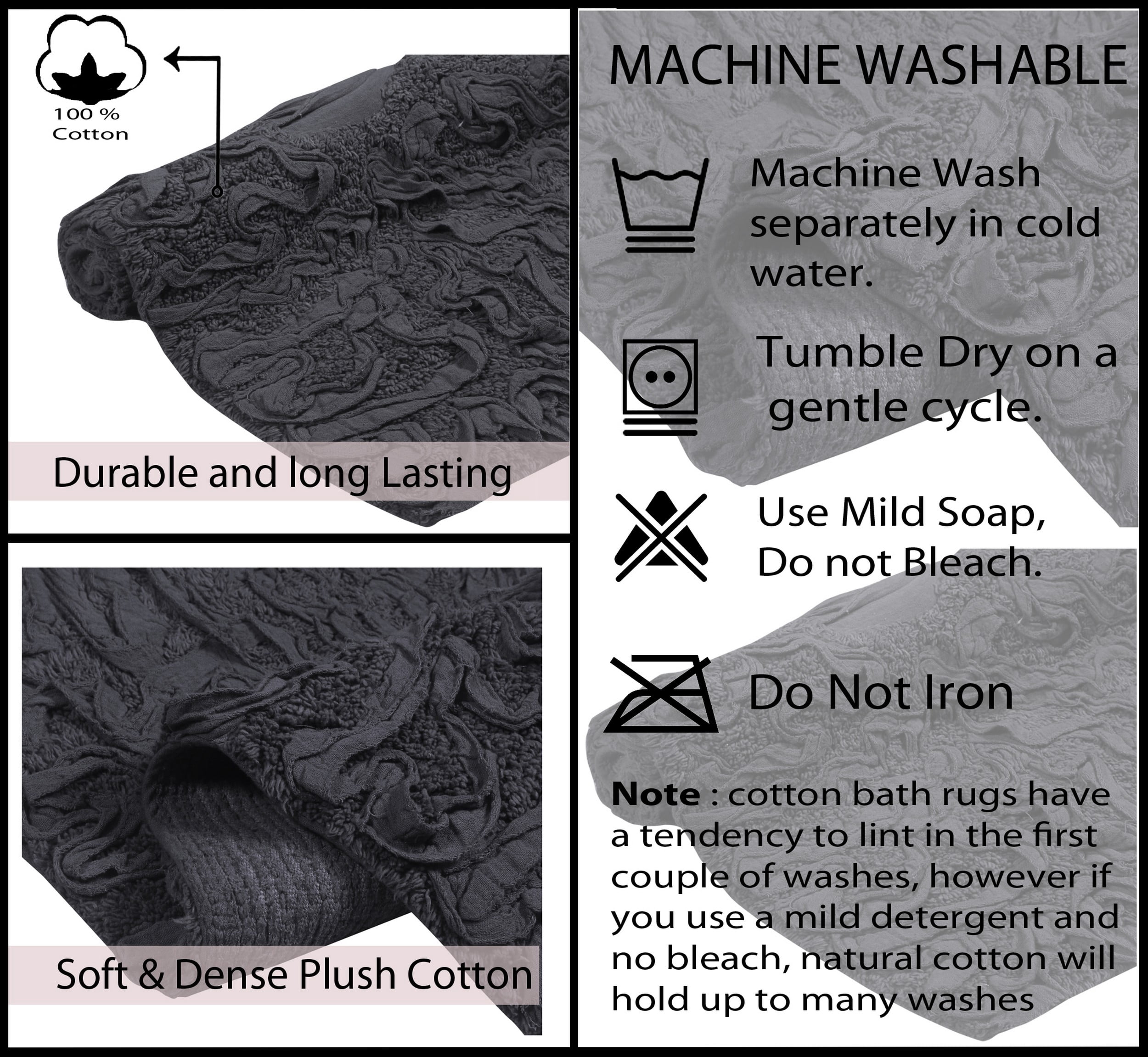Home Weavers Bell Flower Collection 100% Cotton Non-Slip Bathroom Rug Set Machine Washable Heart Shape Bath Rug-25"x25", Bath Rug- 21"x34", Gray Color 2 Piece Bath Carpet set