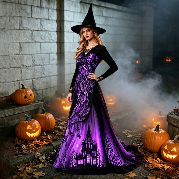 Huowey Halloween Witch Women Castle Graphic Gothic Dresses Cosplay Party Gown Slim Fit Long Sleeve Crew Neck Soft Trick Or Treat Dress,Purple,XXL