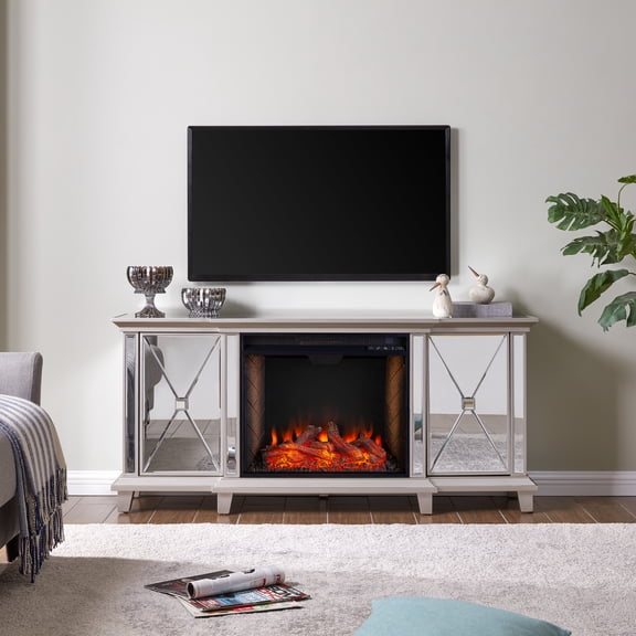 SEI Toppington Mirrored Criss Cross Fireplace Media Console, Silver