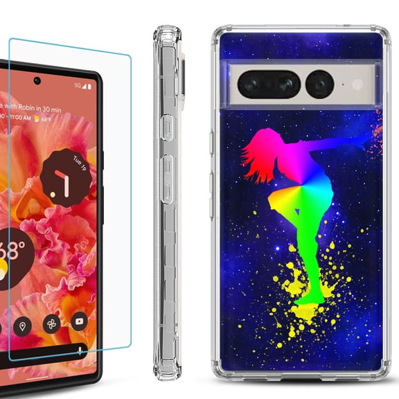 Shockproof Bumper Phone Case for Google Pixel 7 Pro, with Tempered Glass Screen Protector, by OneToughShield ® - Cosmos Dance