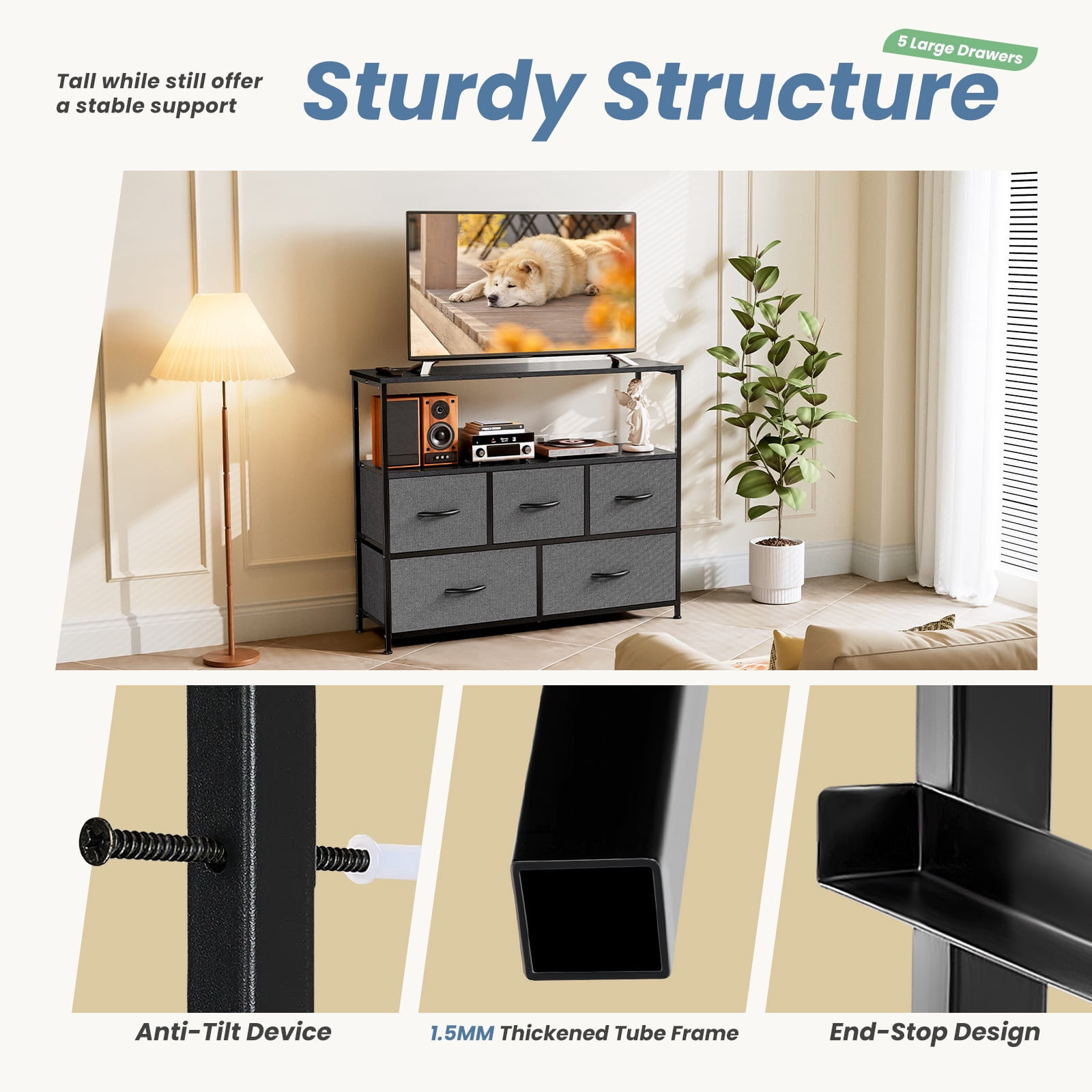 CONCETTA TV Stand with 5 Drawer Dresser for Bedroom, Storage Cabinet with 55 Inch TV Stand for Living Room, Gray