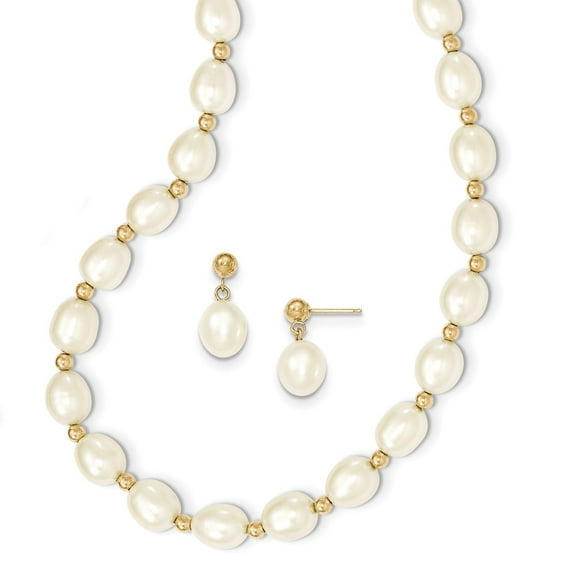 Real 14kt Yellow Gold 7-8mm White FW Cultured Pearl Necklace and Bead Post Earring Set; for Adults and Teens; for Women and Men
