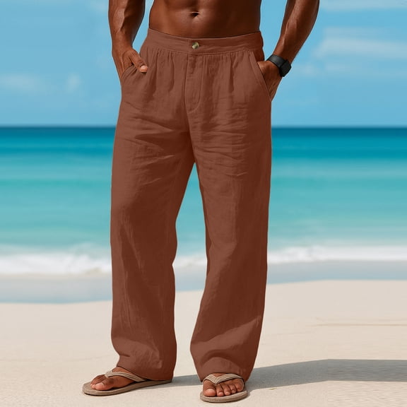 Mens Casual Linen Pants for Men Elastic Back Waist Lightweight Cotton Linen Trousers S