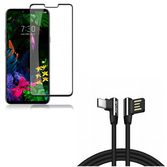 G8 ThinQ Screen Protector w Angle USB Cable - Tempered Glass 3D Curved Edge Case Friendly Full Cover, 6ft Type-C Charger Cord USB-C Power Wire for LG G8 ThinQ Phone