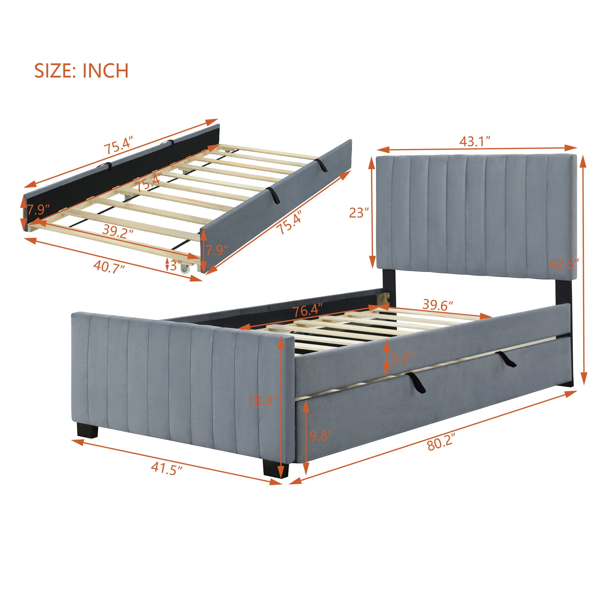 Aukfa Twin Size Upholstered Platform Bed Frame with Twin Size Trundle for Bedroom,Guestroom, Gray