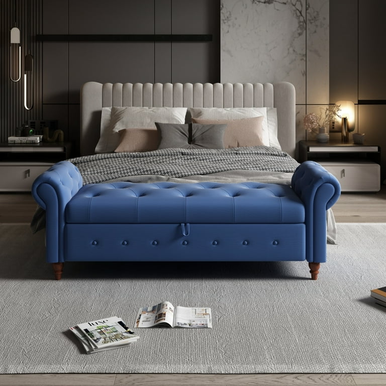 Navy upholstered storage bench discount
