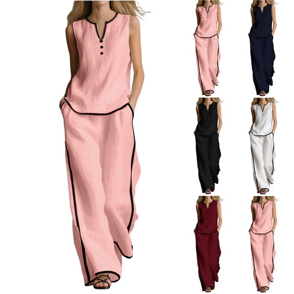 Women's Cotton Linen 2-Piece Outfit V-Neck Sleeveless Button Detail Top Wide Leg Pants Casual Summer Set Pink XL(XL)