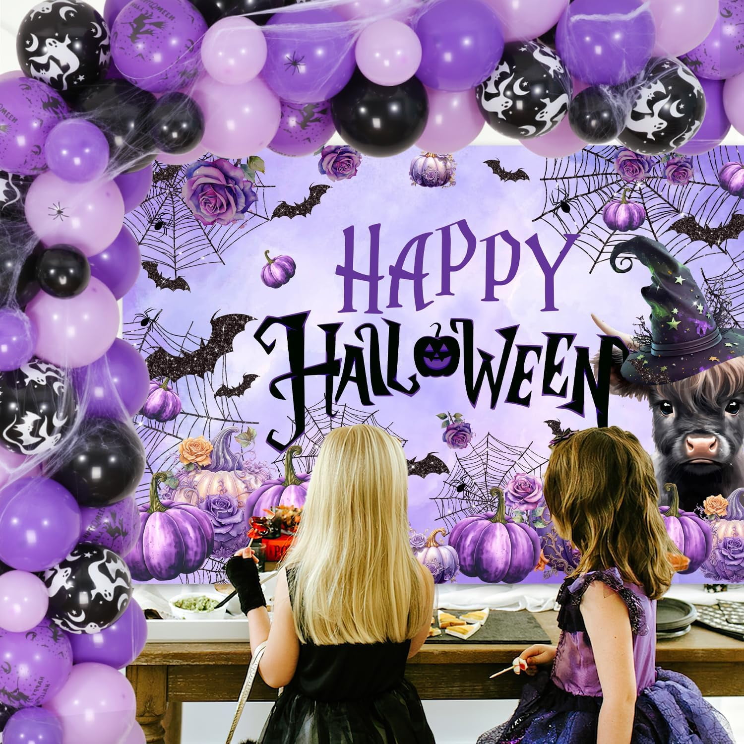 Halloween Highland Cow Decorations Purple Floral Witch Hat Pumpkin Backdrop Happy Halloween Photograph Background Bat Spider Purple Black Balloon Garland Arch Kit for Halloween Birthday Party Supplies