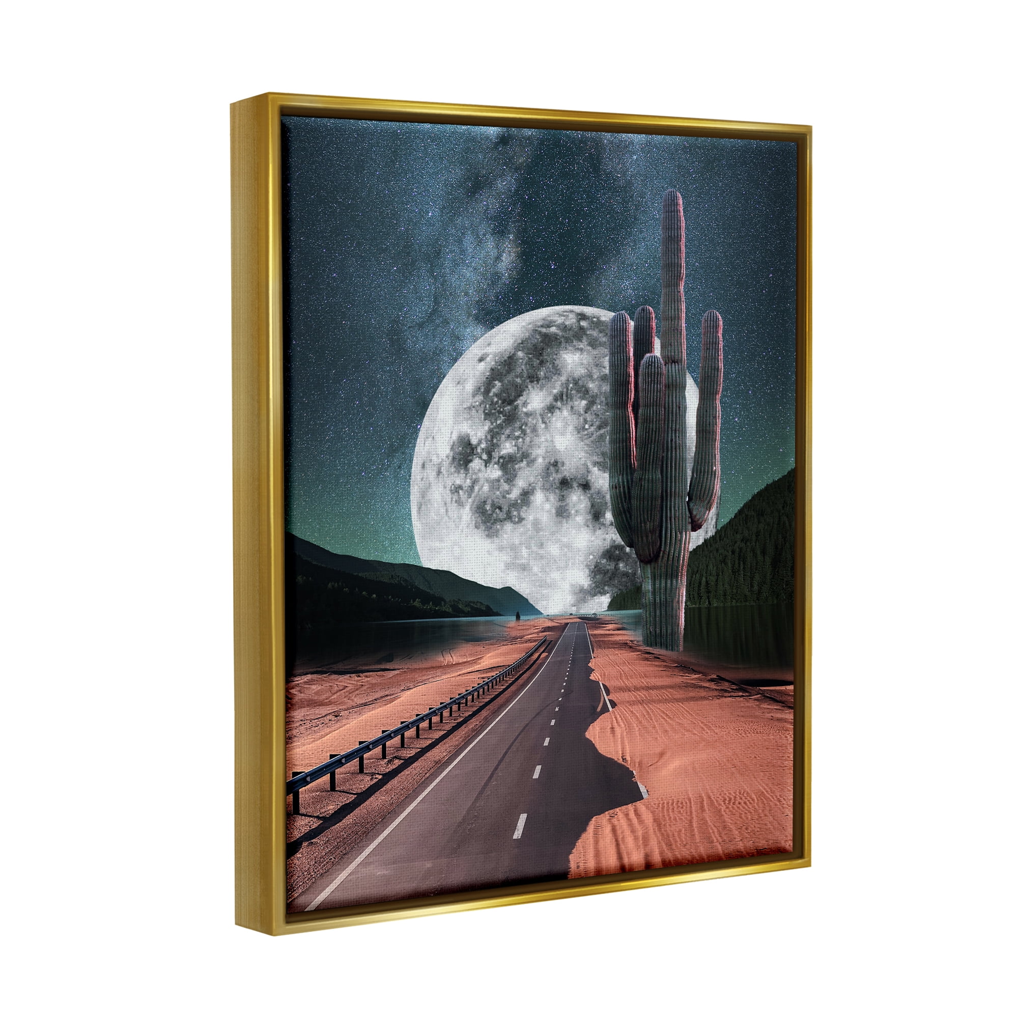 Stupell Industries Surreal Moon & Desert Highway Landscape Painting Gold Floater Framed Canvas Art Print Wall Art, 25 x 31