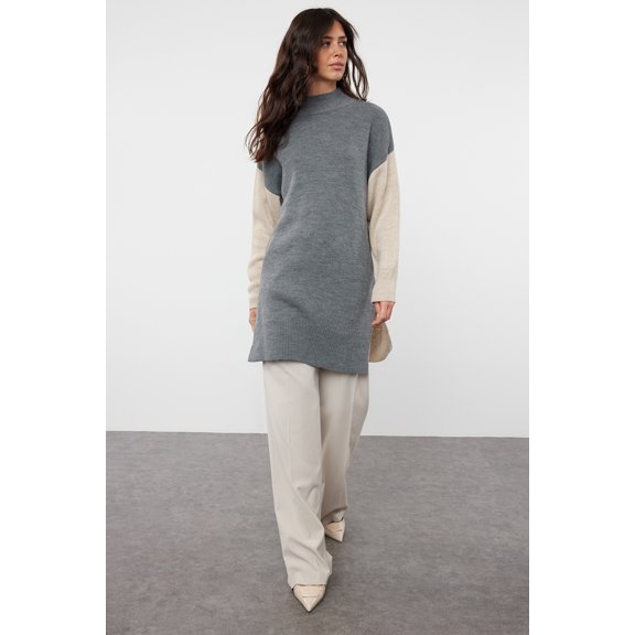 Trendyol Modest Women's Gray Color block Long Relaxed fit Modest Sweaters