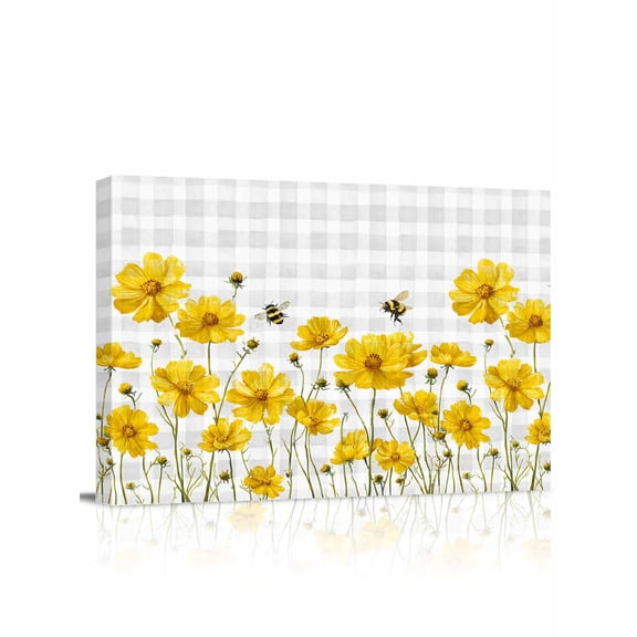 Yellow Flowers Wall Art for Living Room,Canvas Picture Wall Decor for Bathroom Bedroom,Summer Bee Country Floral Gray Plaid Painting Artwork for Office Kitchen Hallway Dining Room Home Decor 24"x32"