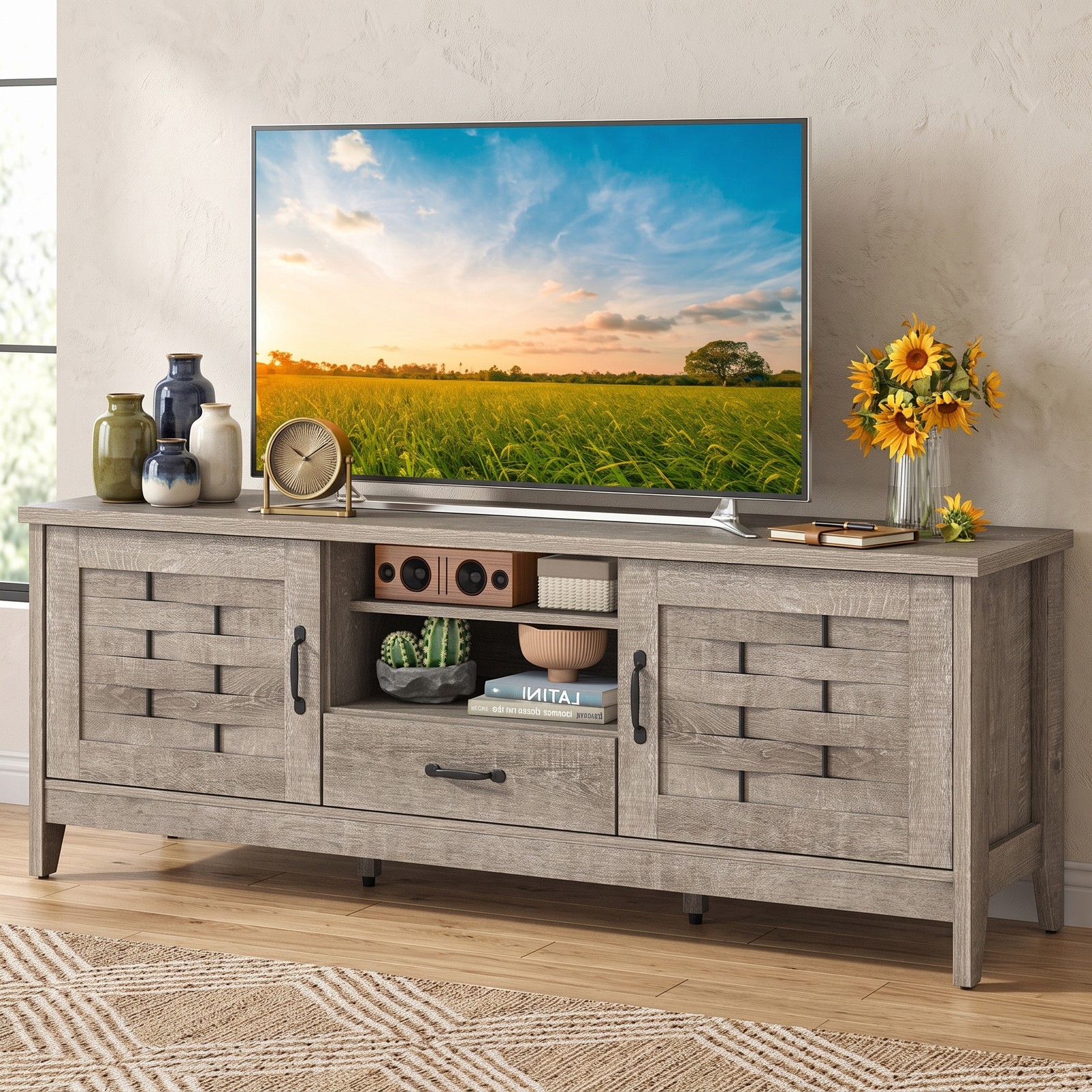 Furnibear Farmhouse TV Stand for 65 Inch TVs, Wood Entertainment Center with 2 Woven Accent Doors, 3 Adjustable Shelves and Drawer, Media Console Table for, Rustic Oak