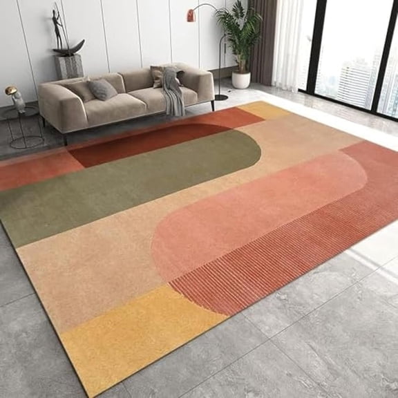Vintage Mid Century Geometry Art Area Rugs, Brown Pink Green Yellow Soft Washable Carpet, Upholstery Rug With Non-Slip Backing For Kids Boys Girls Bedroom Living Room Dining Room 5x8ft